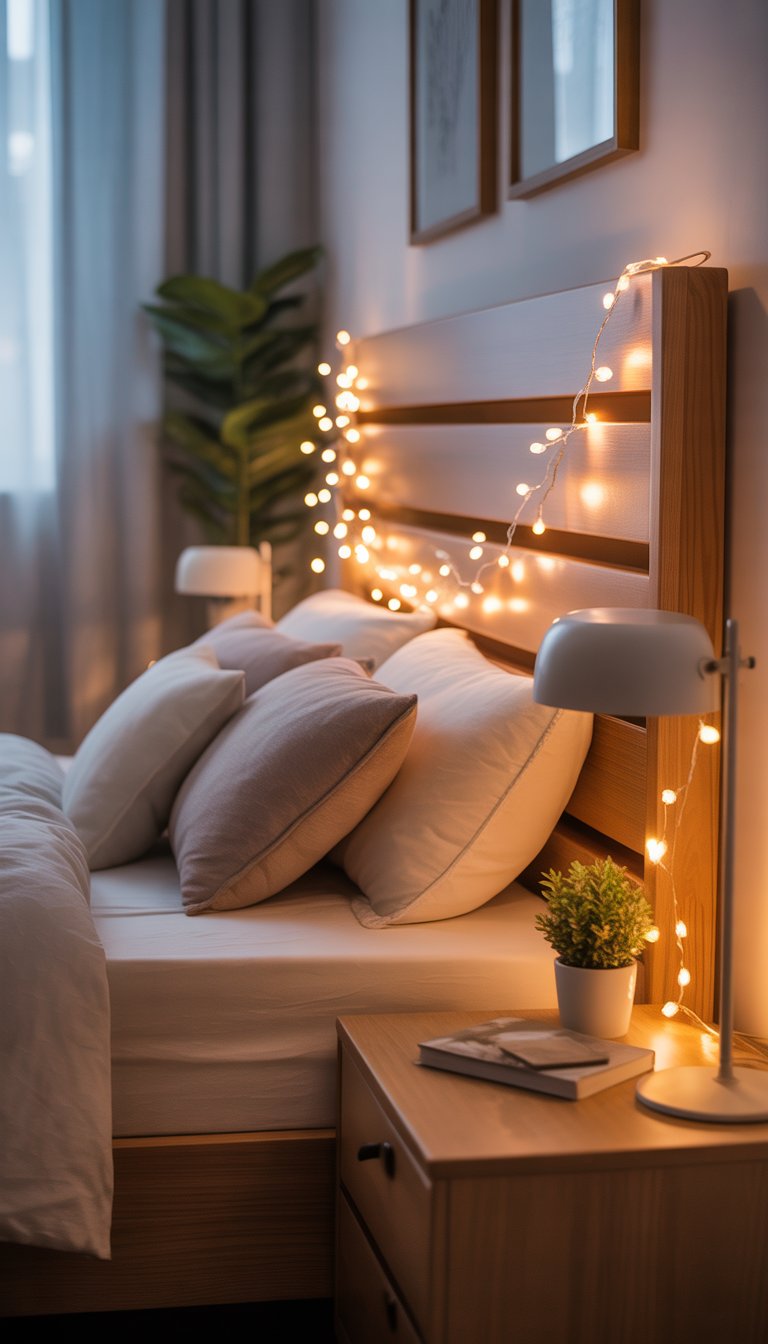 Cozy bedroom with wooden headboard decorated with warm fairy lights.