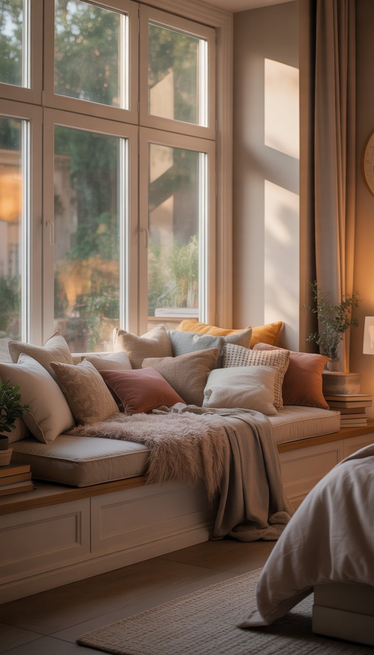 Cozy window seat with cushions in a bright bedroom.