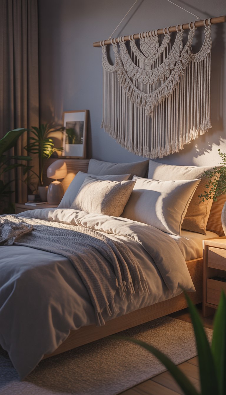 Macramé wall hanging above bed.
