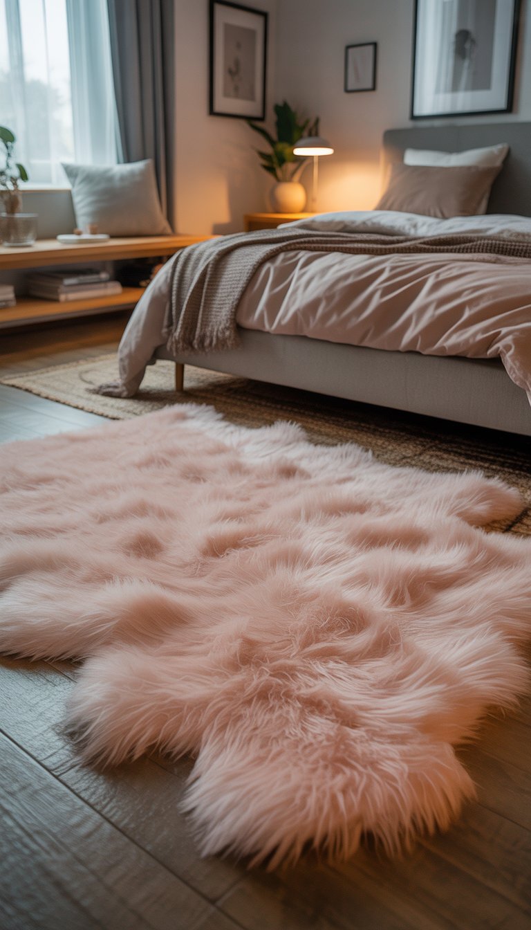 Soft faux fur rug in bedroom.