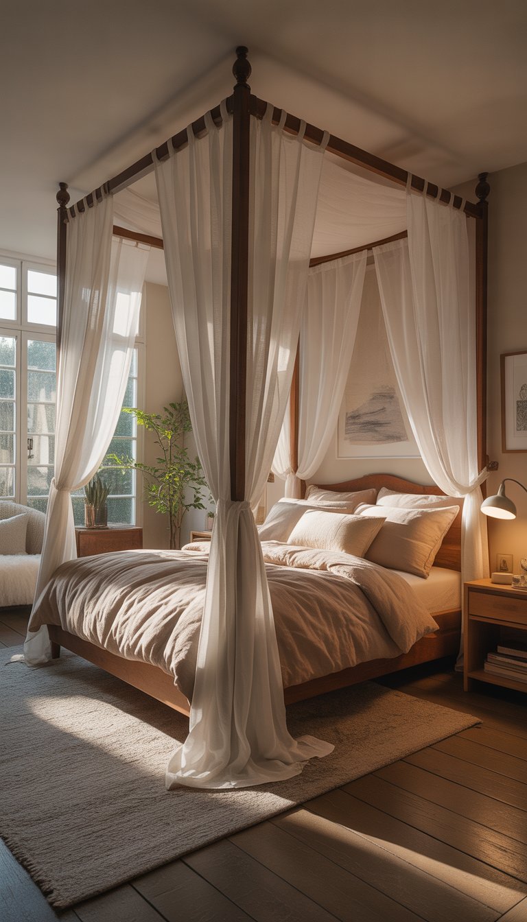 Canopy bed with sheer curtains.