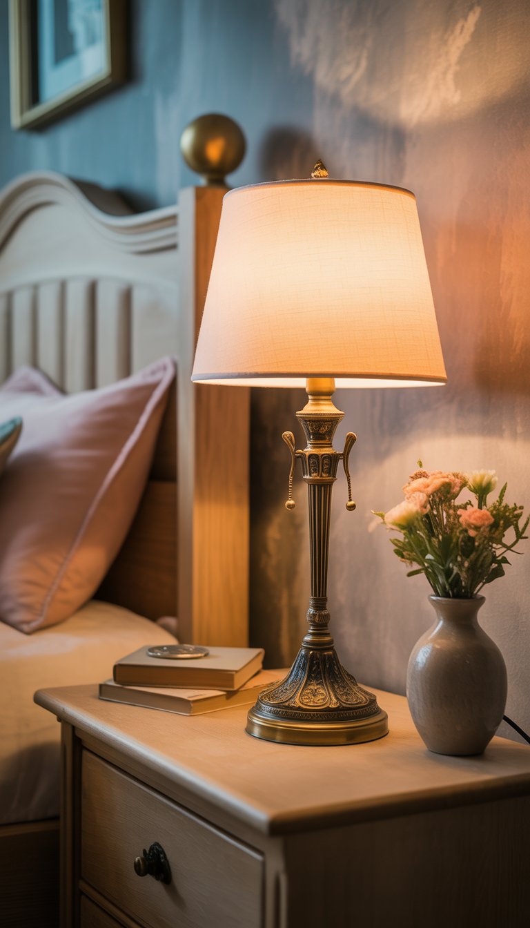 Vintage bedside lamp on nightstand.