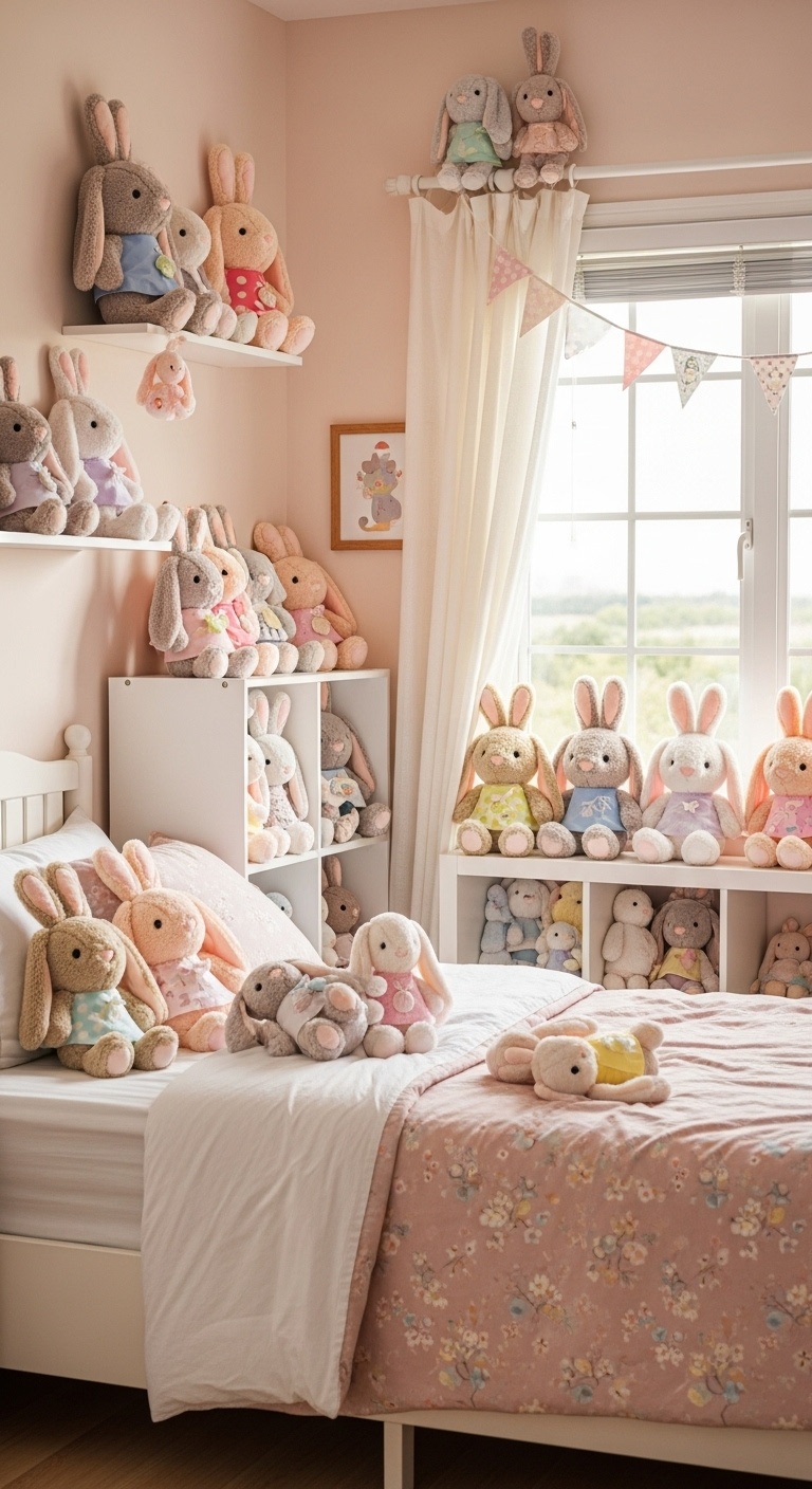 Plush bunny stuffed animal collection.
