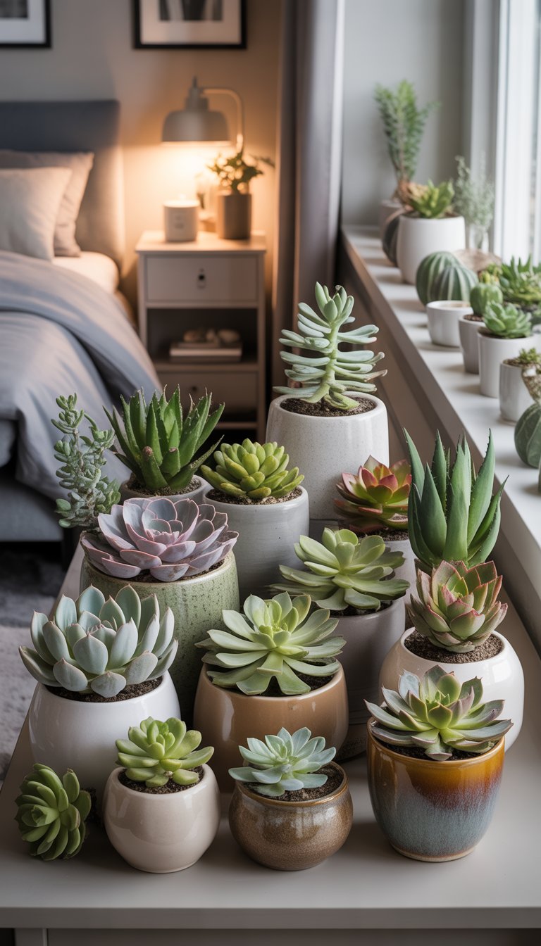 Succulents in ceramic pots on shelves and tables.