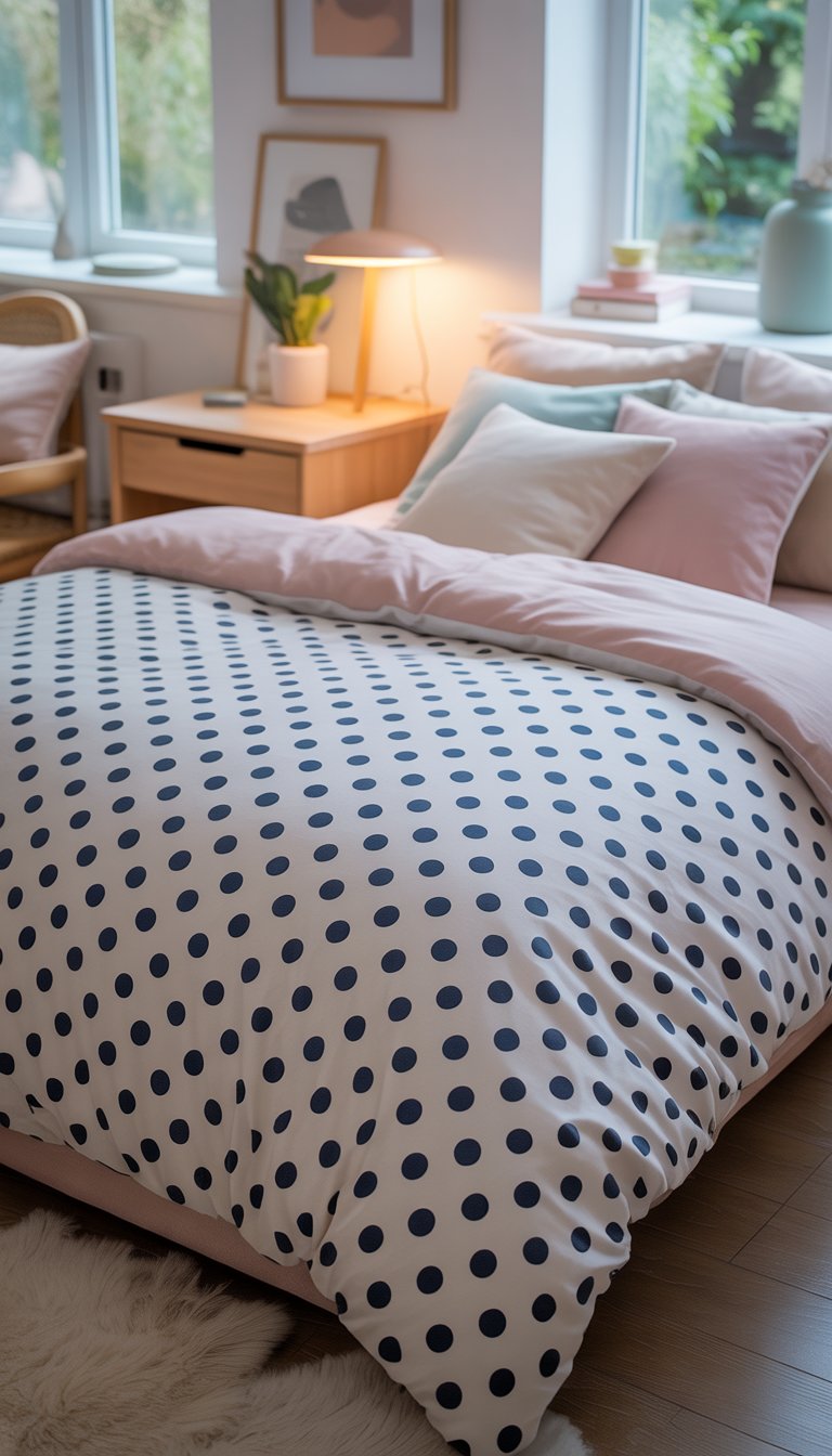 Bed with white duvet cover featuring black polka dots.