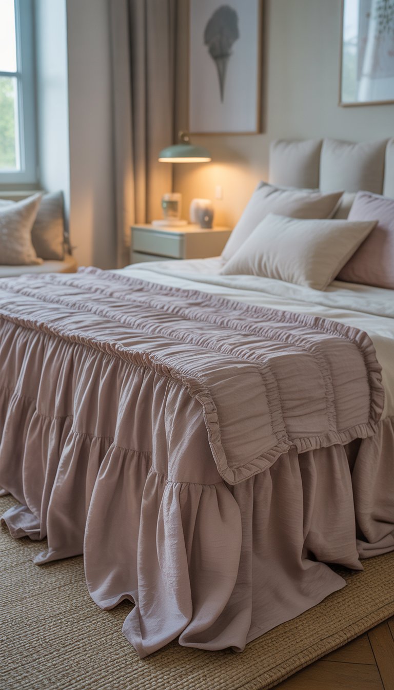 Bed with soft ruffled bed skirt.