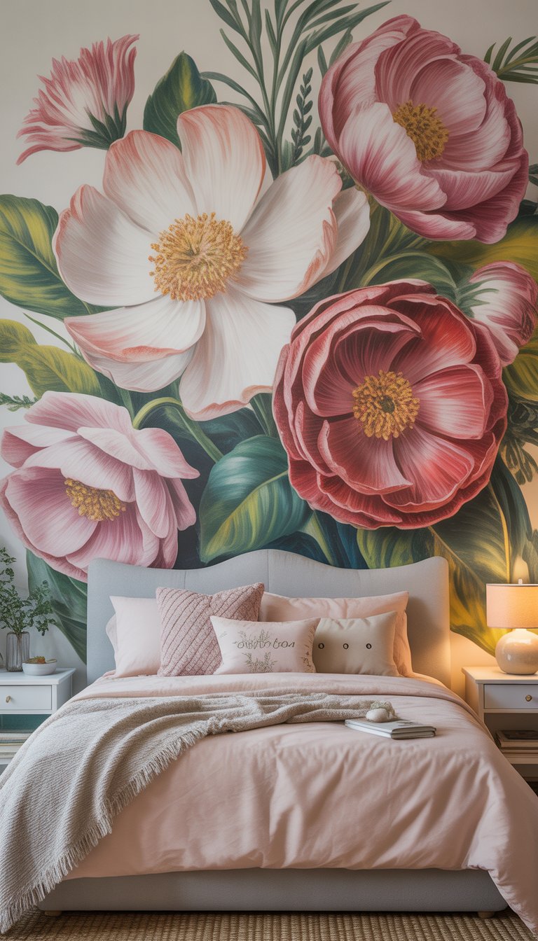 Bedroom with hand-painted flower mural.