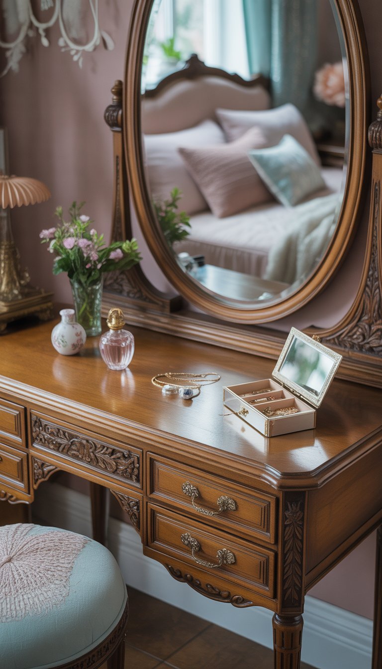 Antique vanity table with mirror.