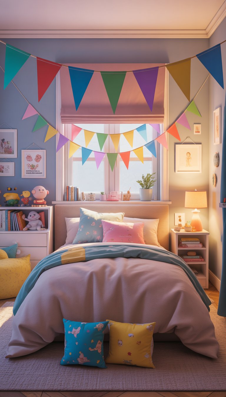 Colorful bunting flags in bedroom.