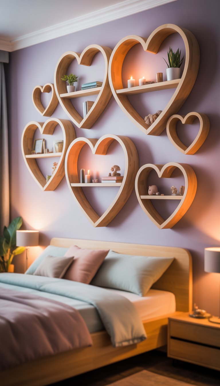 Wooden heart-shaped shelves with plants and decor.