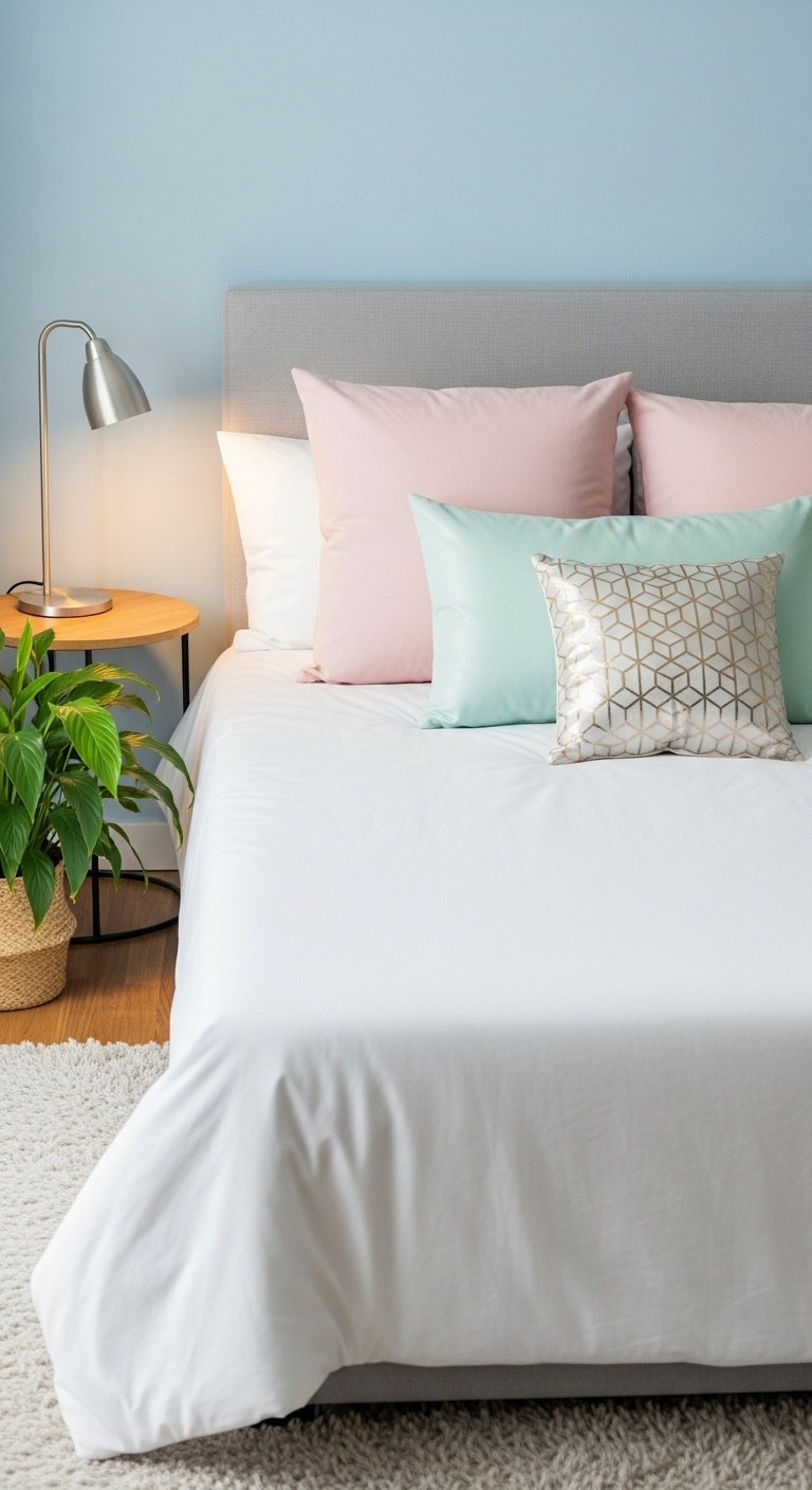Mix of pastel and metallic pillows.