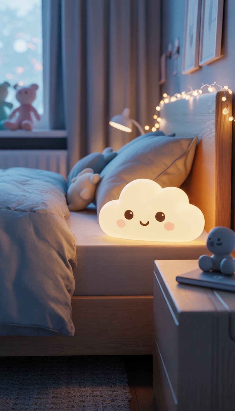 Cloud-shaped night light glowing softly.