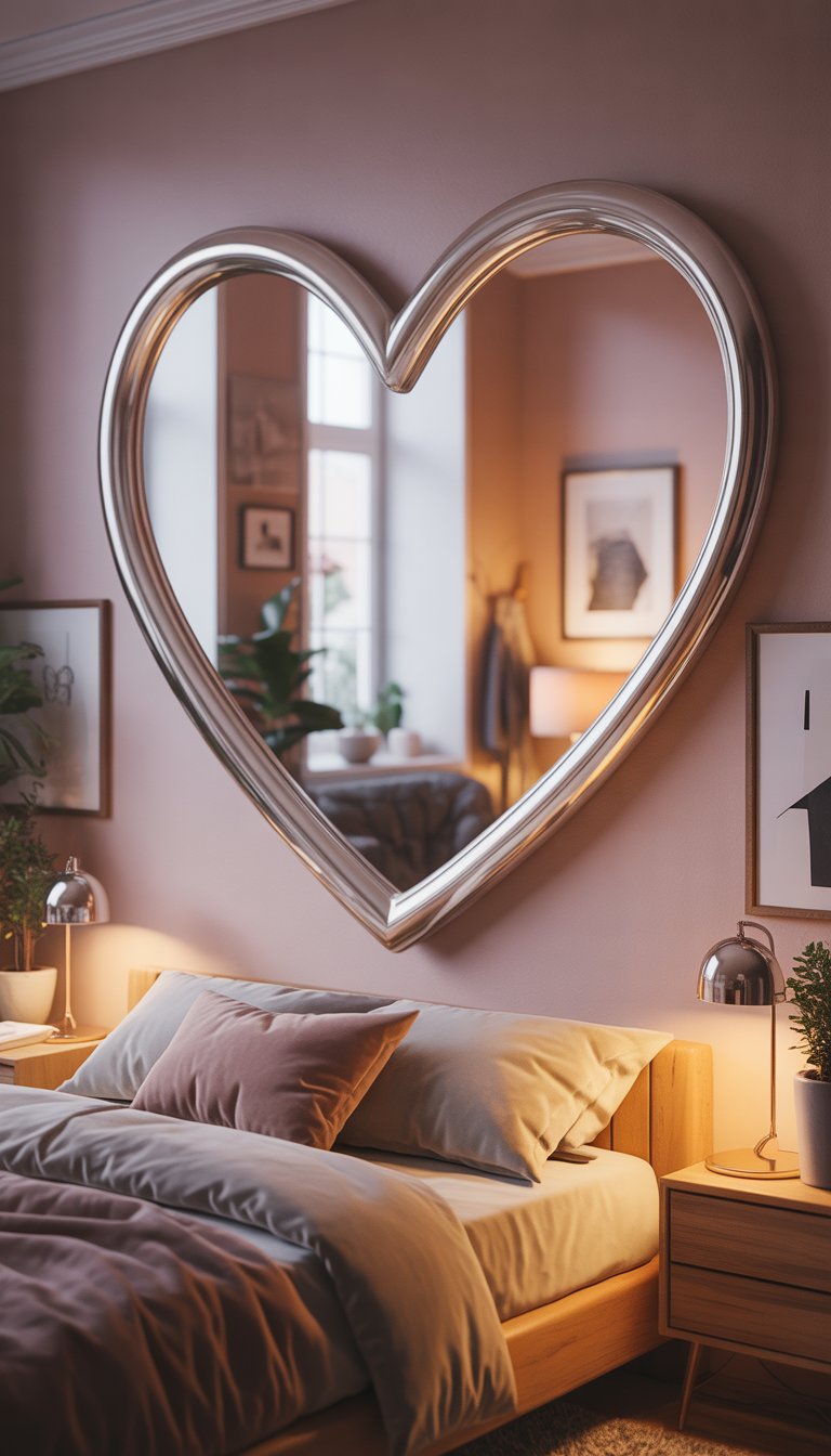 Heart-shaped mirror on bedroom wall.