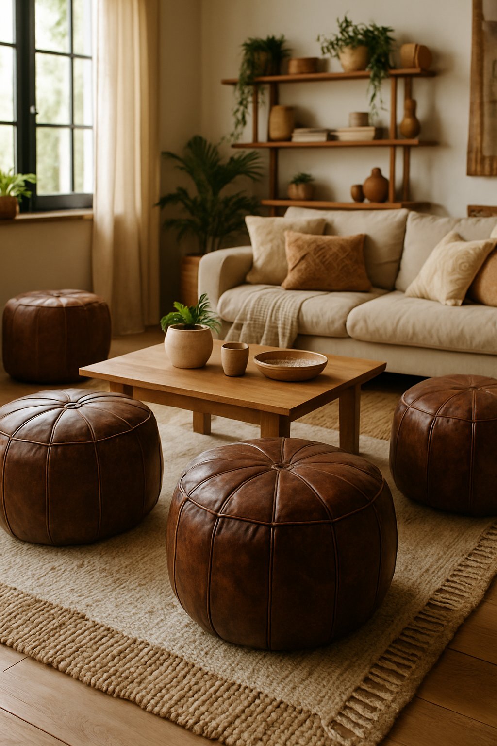 Living room with several dark brown leather poufs arranged around a wooden coffee table, surrounded by cushions, rugs, and plants.