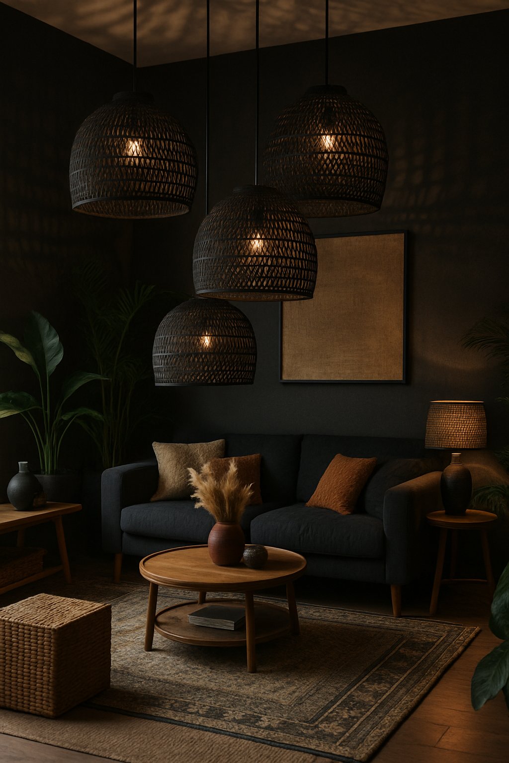 Living room with black rattan hanging lampshades, wooden furniture, plants, and warm lighting.