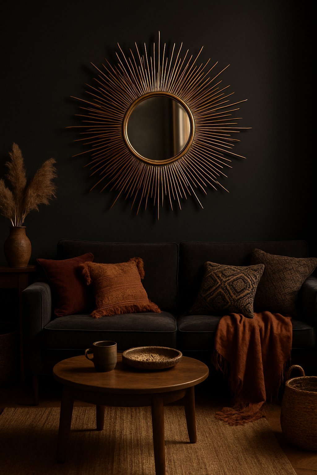 Living room with a brass sunburst wall mirror on a dark wall, surrounded by a sofa and decorative cushions.
