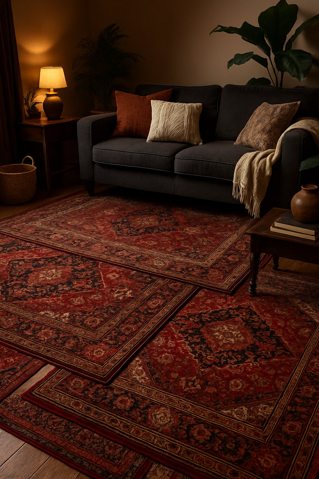 A living room with layered deep red Persian rugs on a wooden floor, dark furniture, plants, and cozy decor.