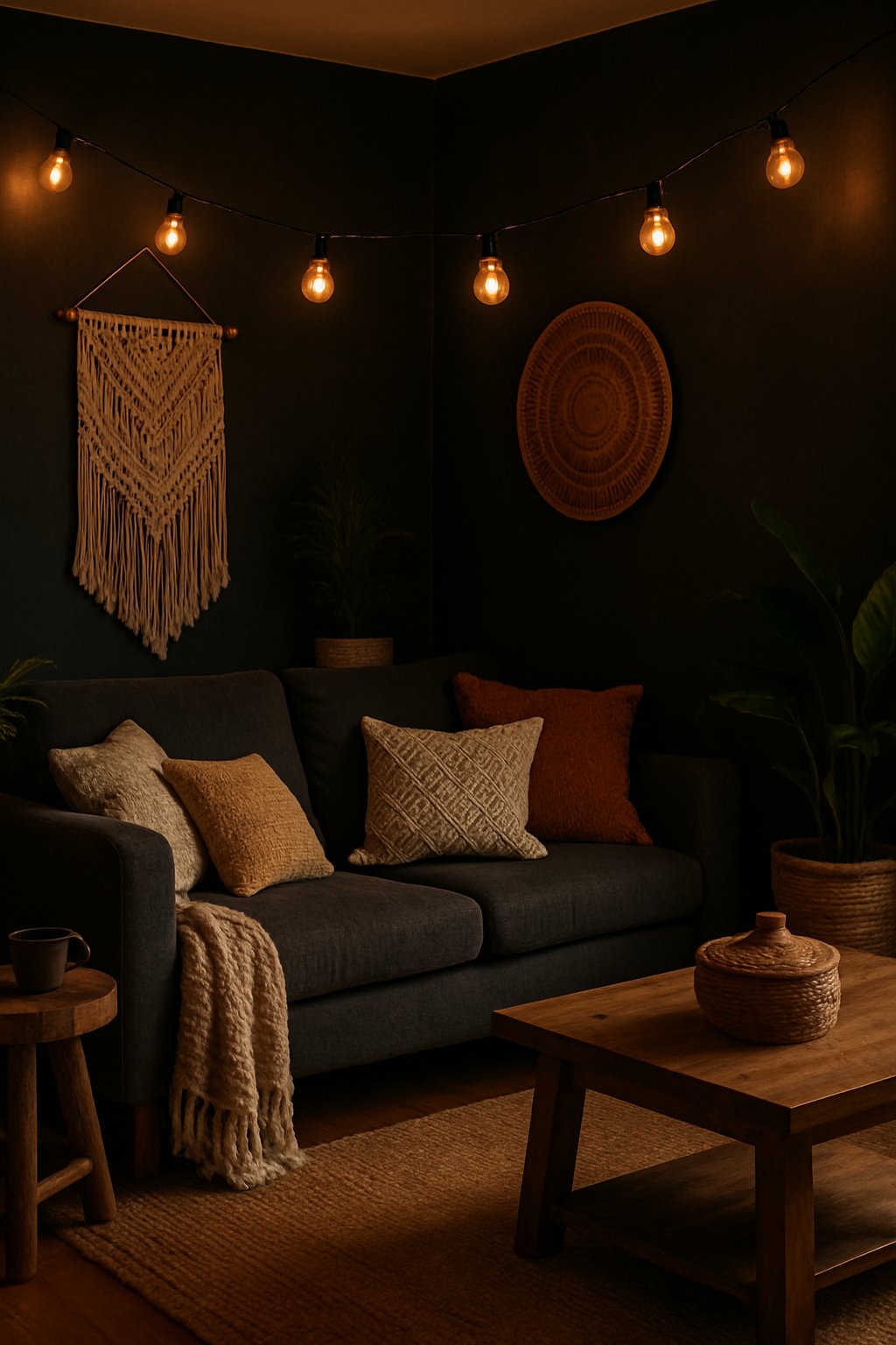 A cozy dark living room lit by warm string lights with comfortable seating and decorative elements.