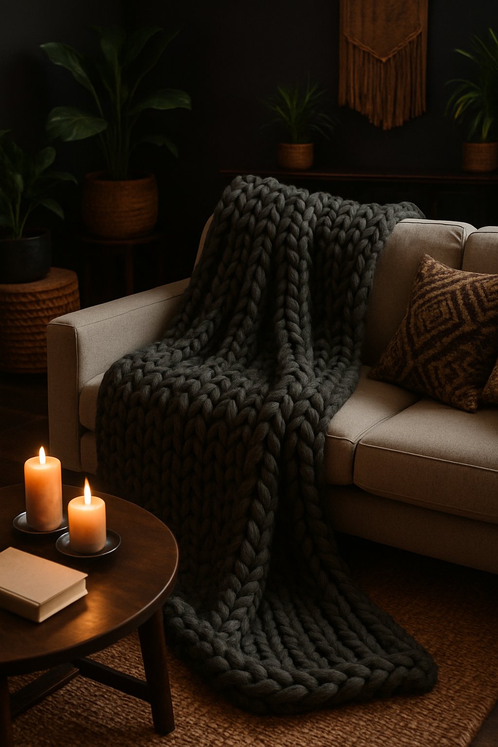 A cozy living room with a dark sofa draped with a large knitted charcoal throw blanket surrounded by plants and wooden furniture.