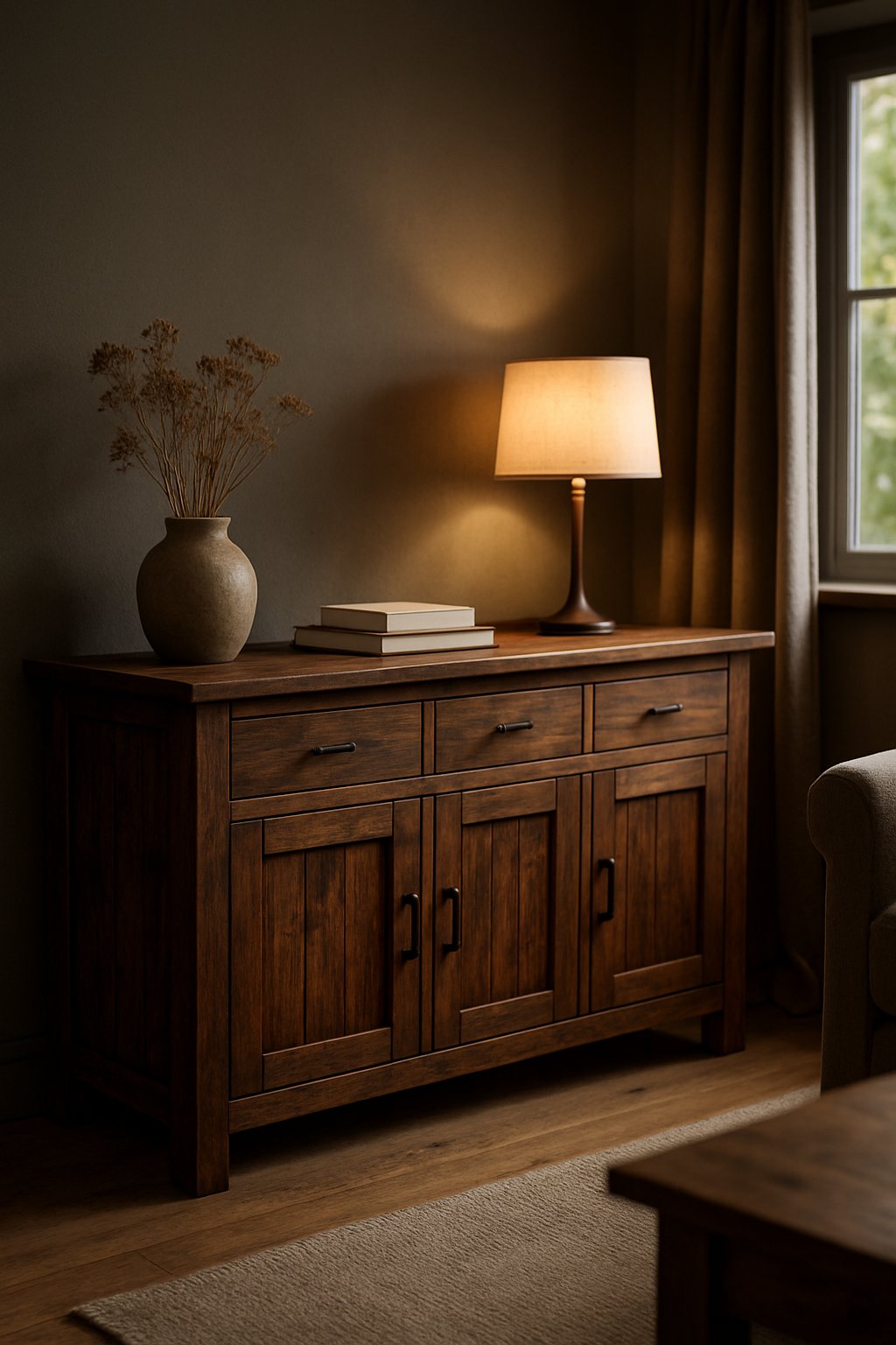 A dark stained barnwood sideboard in a living room with decorative items and warm natural lighting.