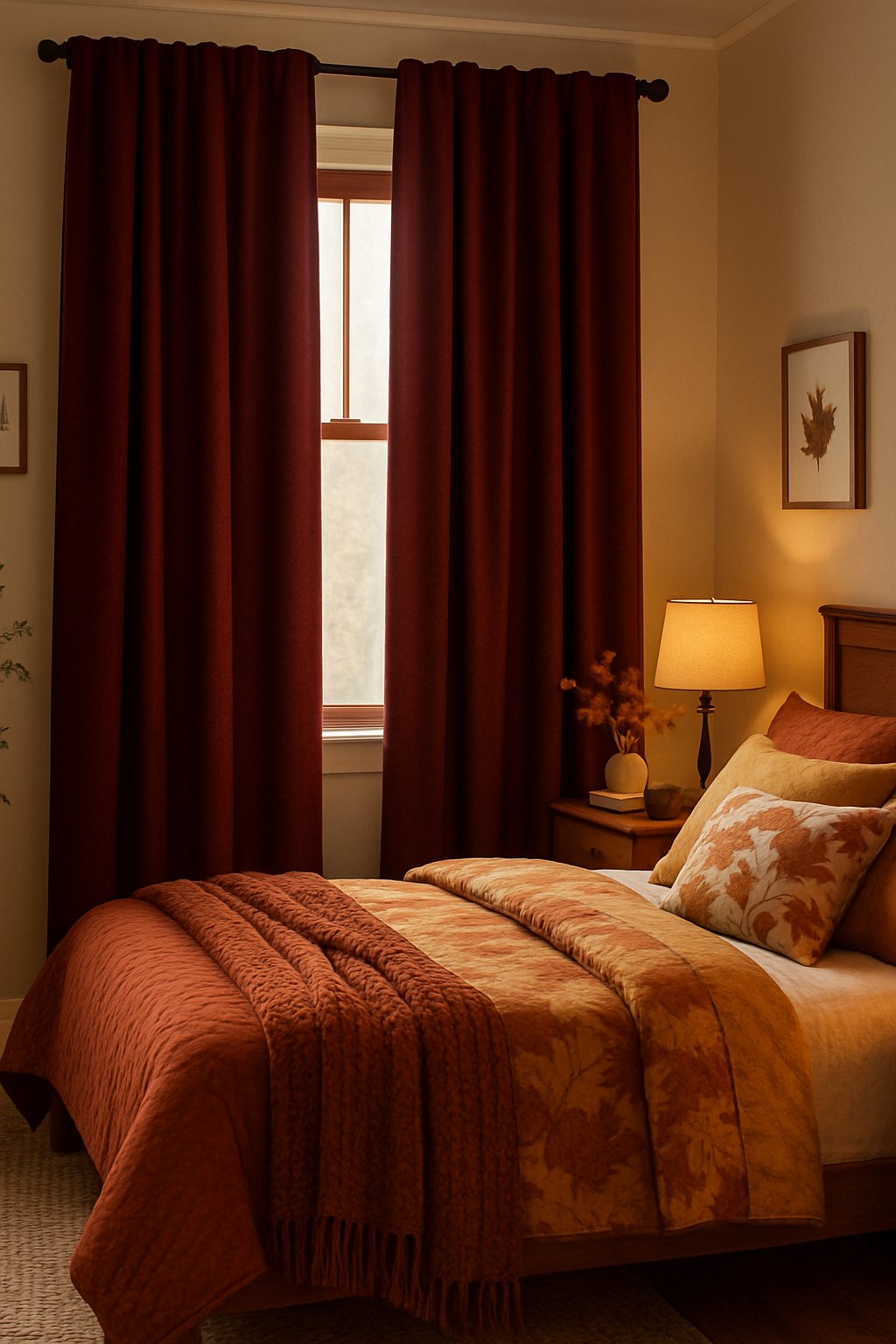 A cozy bedroom with deep burgundy blackout curtains, a made bed with autumn-colored bedding, a wooden nightstand with a lamp and books, and fall-themed decorations.