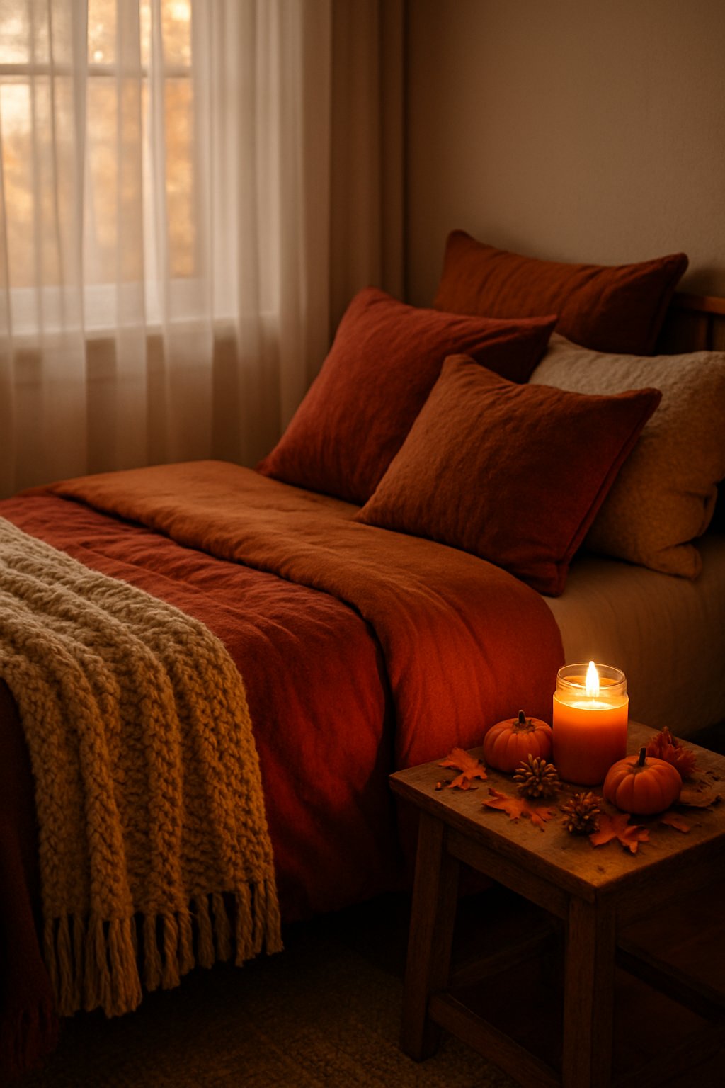 A cozy bedroom with autumn-colored blankets and pillows, a lit pumpkin-scented candle on a wooden nightstand, and small fall decorations like dried leaves and mini pumpkins.