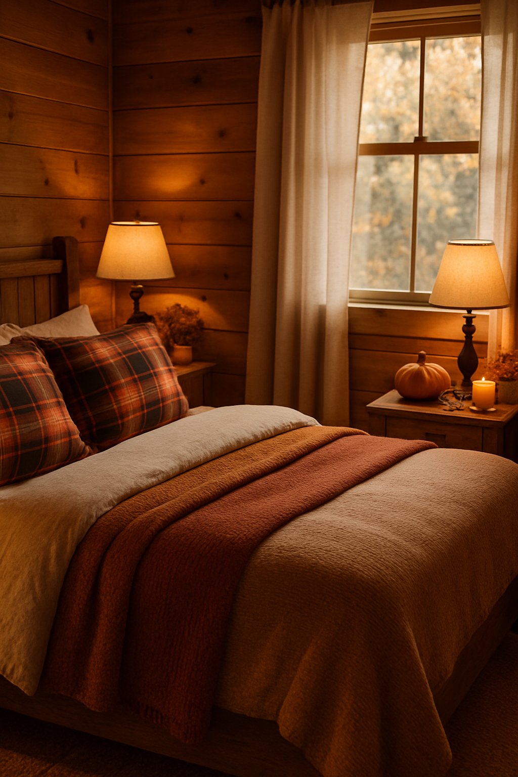 A cozy bedroom with a bed featuring plaid flannel pillowcases, wooden furniture, and fall-themed decorations.