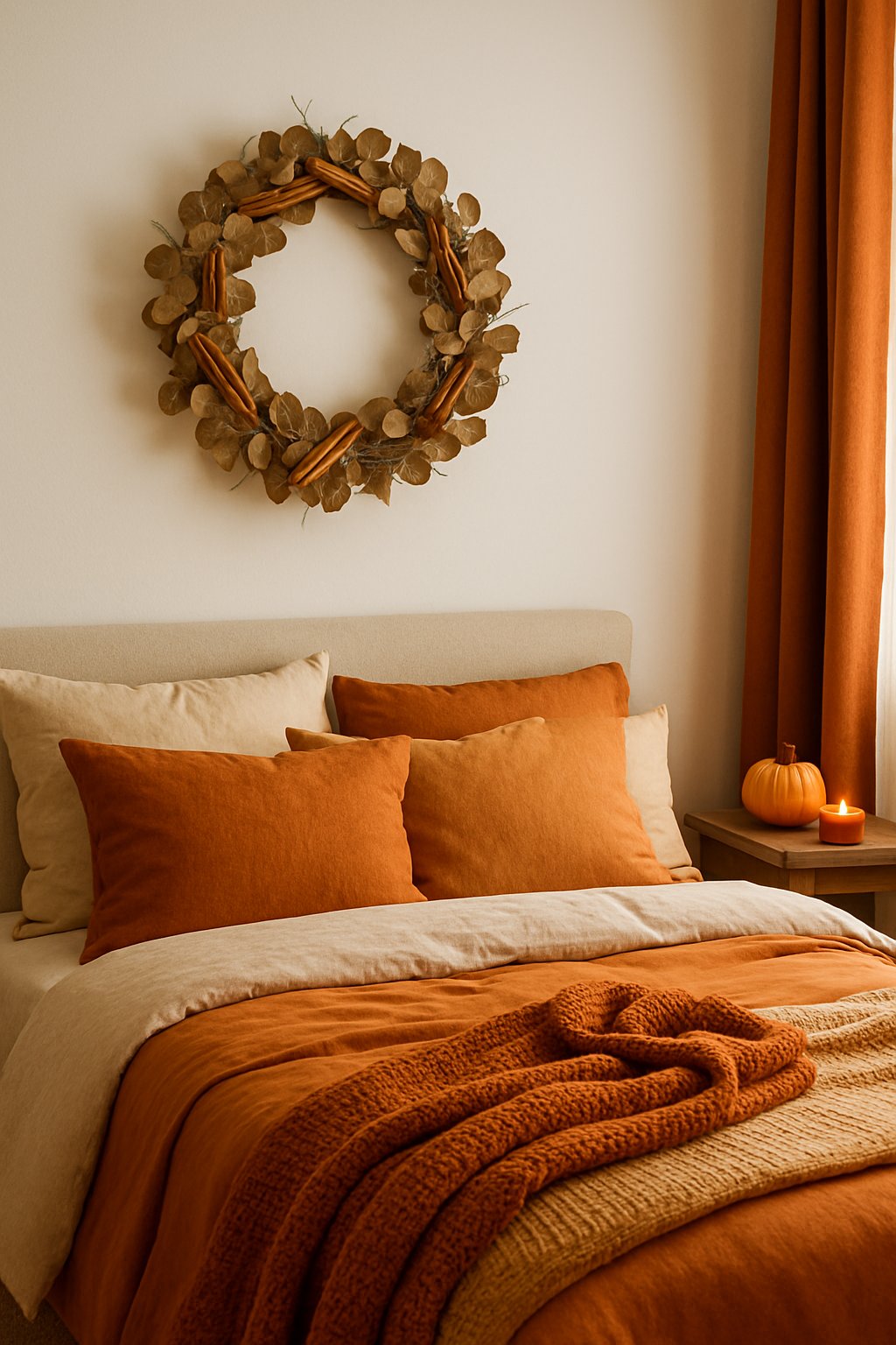 A cozy bedroom with a wreath made of dried eucalyptus and cinnamon sticks hanging on the wall above the bed.