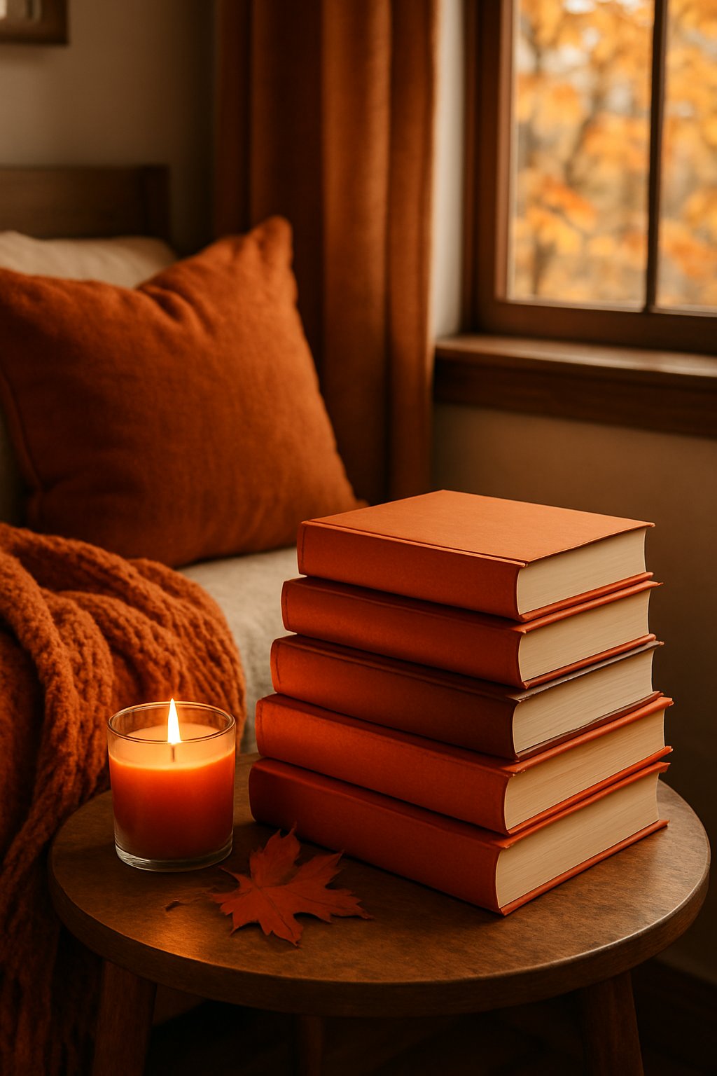 A cozy bedroom corner with a stack of fall-themed books on a wooden bedside table surrounded by warm autumn decorations.