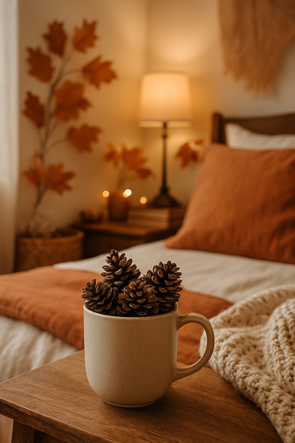 A ceramic mug filled with pinecones on a wooden bedside table in a cozy bedroom decorated for fall.