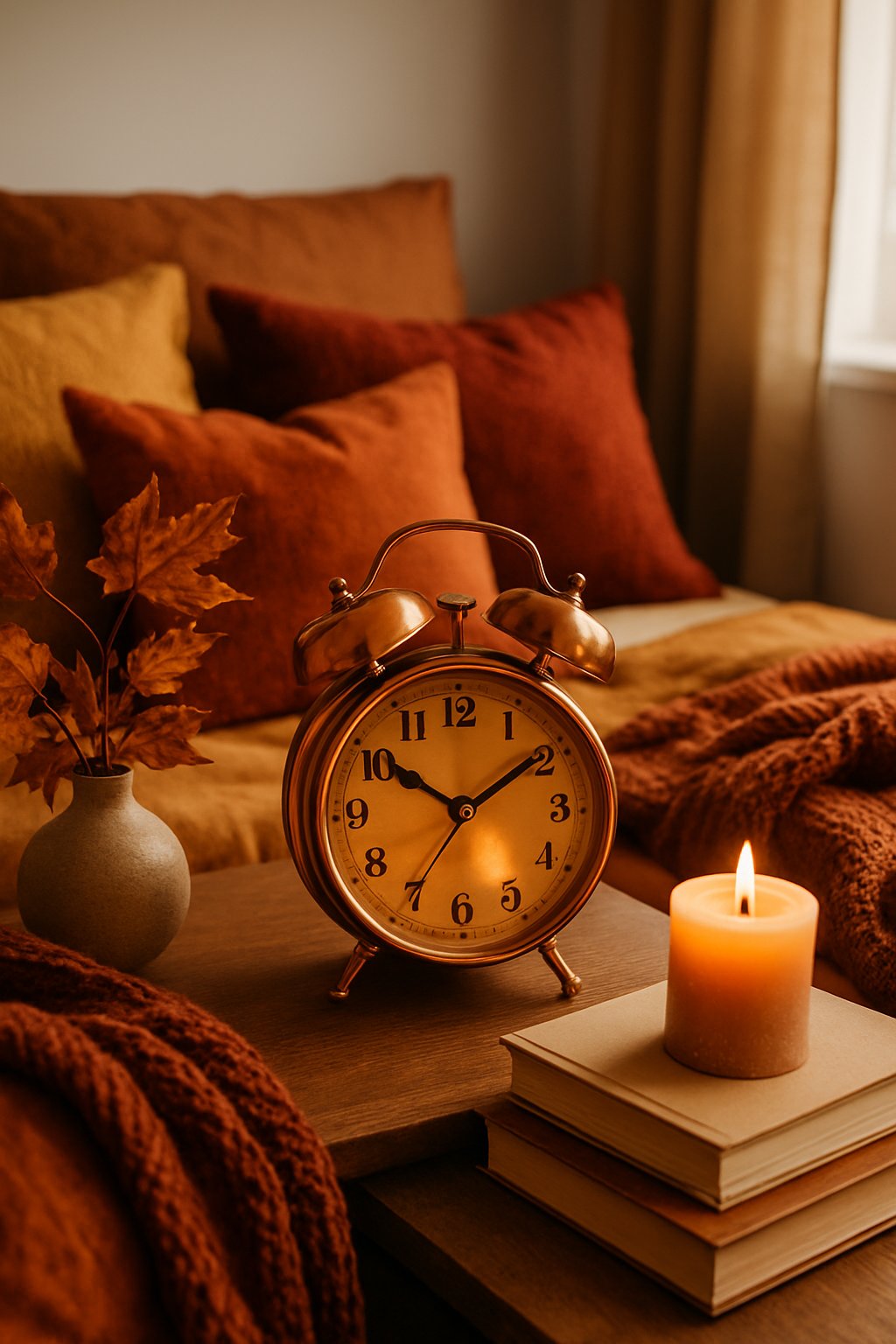 A cozy bedroom with a copper bedside clock on a table surrounded by fall-themed decor and soft natural light.