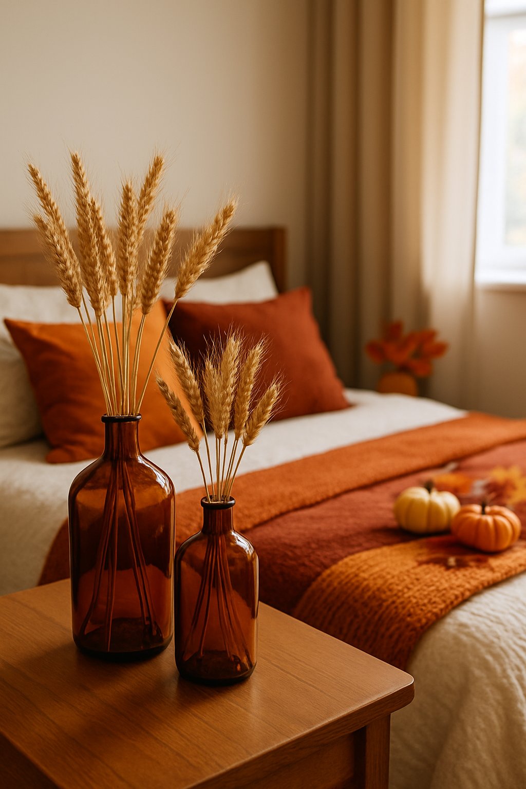 A cozy bedroom with amber glass vases holding dried wheat stalks on a wooden bedside table next to a neatly made bed with warm-colored bedding.