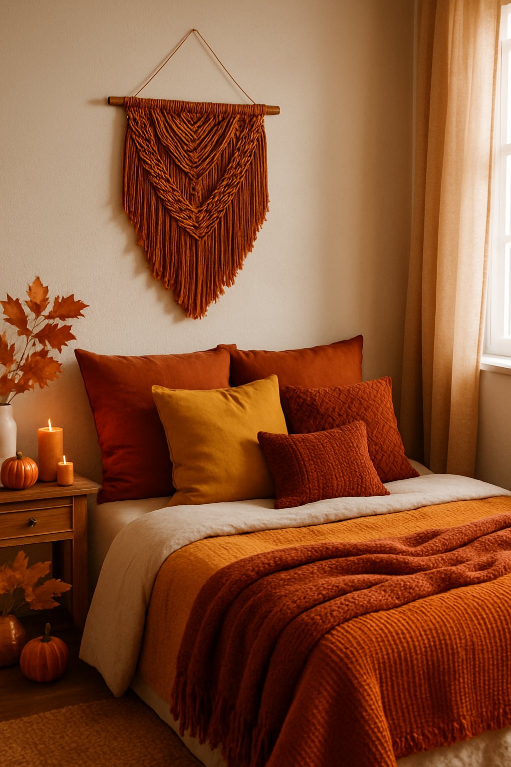 A cozy bedroom with a warm-toned macrame wall hanging above the bed, decorated with autumn colors and soft natural light.