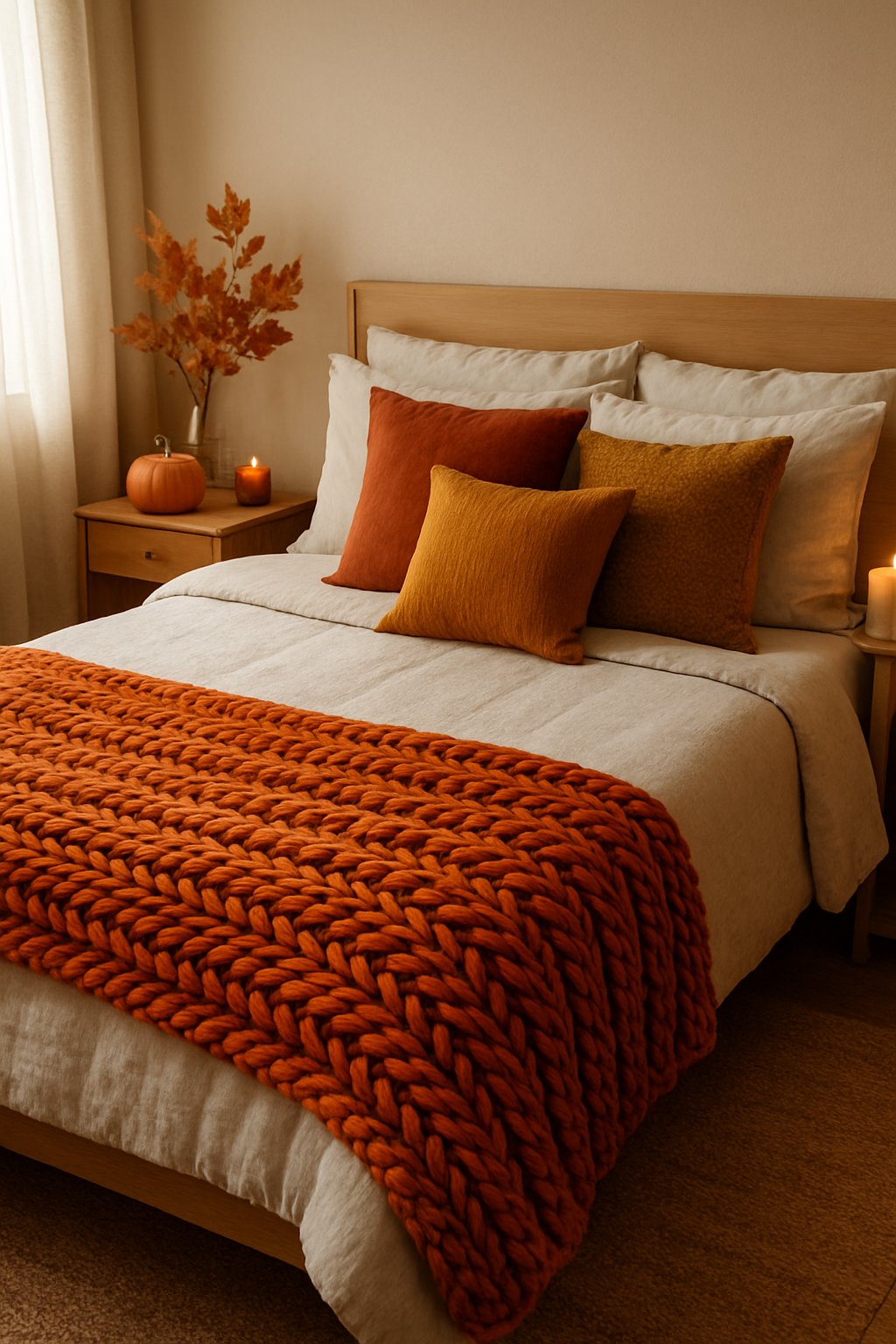 Cozy bedroom with burnt orange chunky knit throw