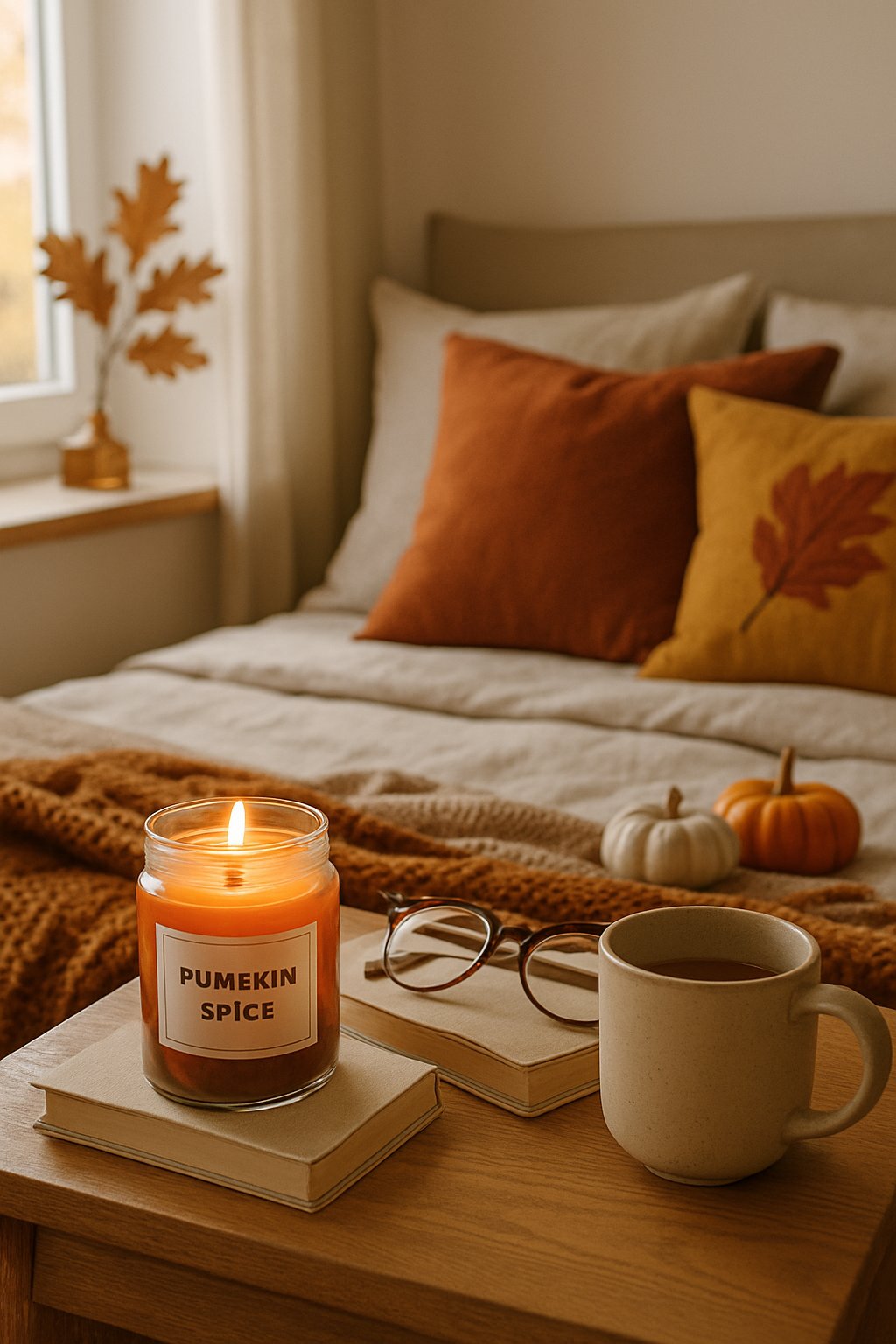 Pumpkin spice scented candle on nightstand