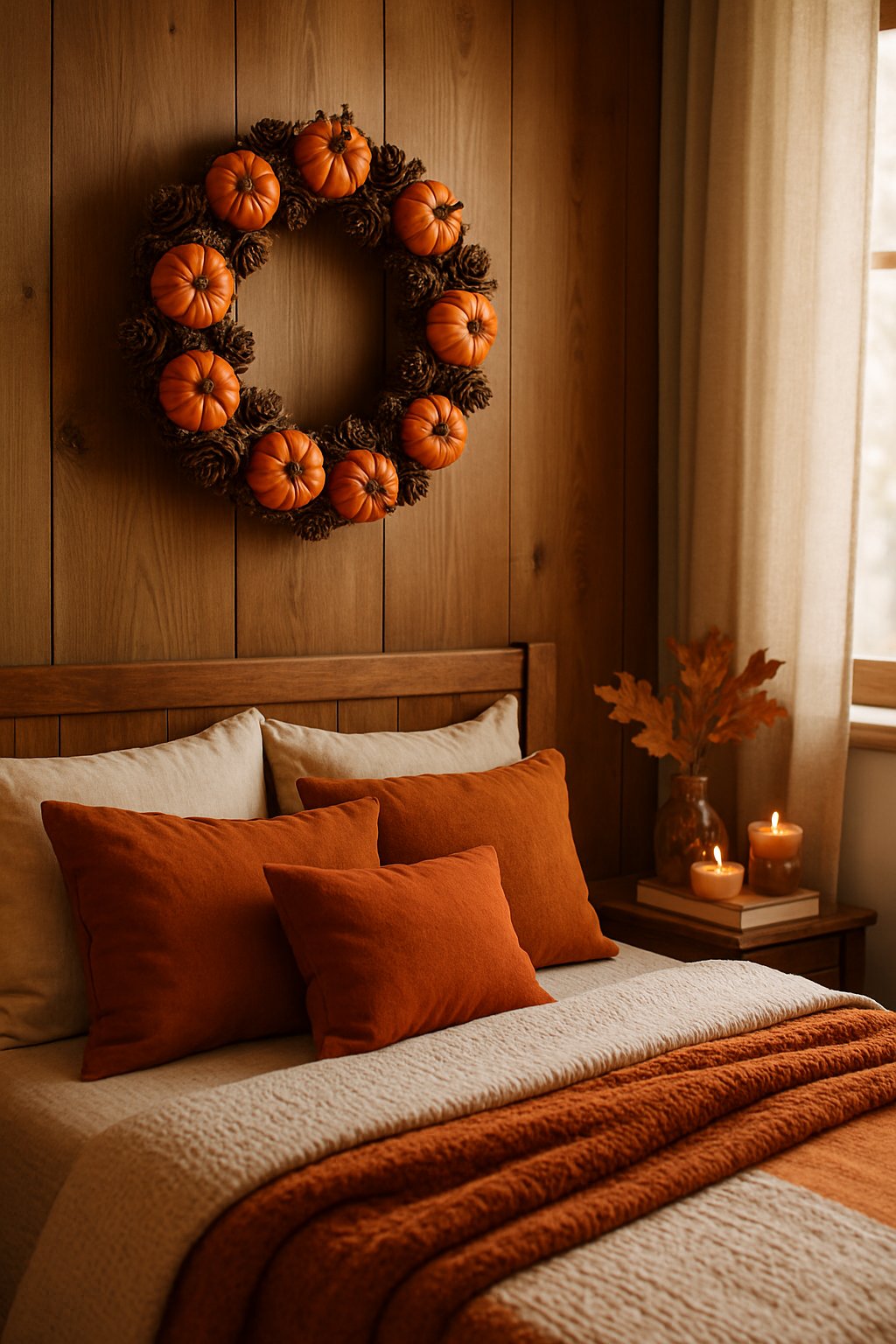Wreath with mini pumpkins and pinecones
