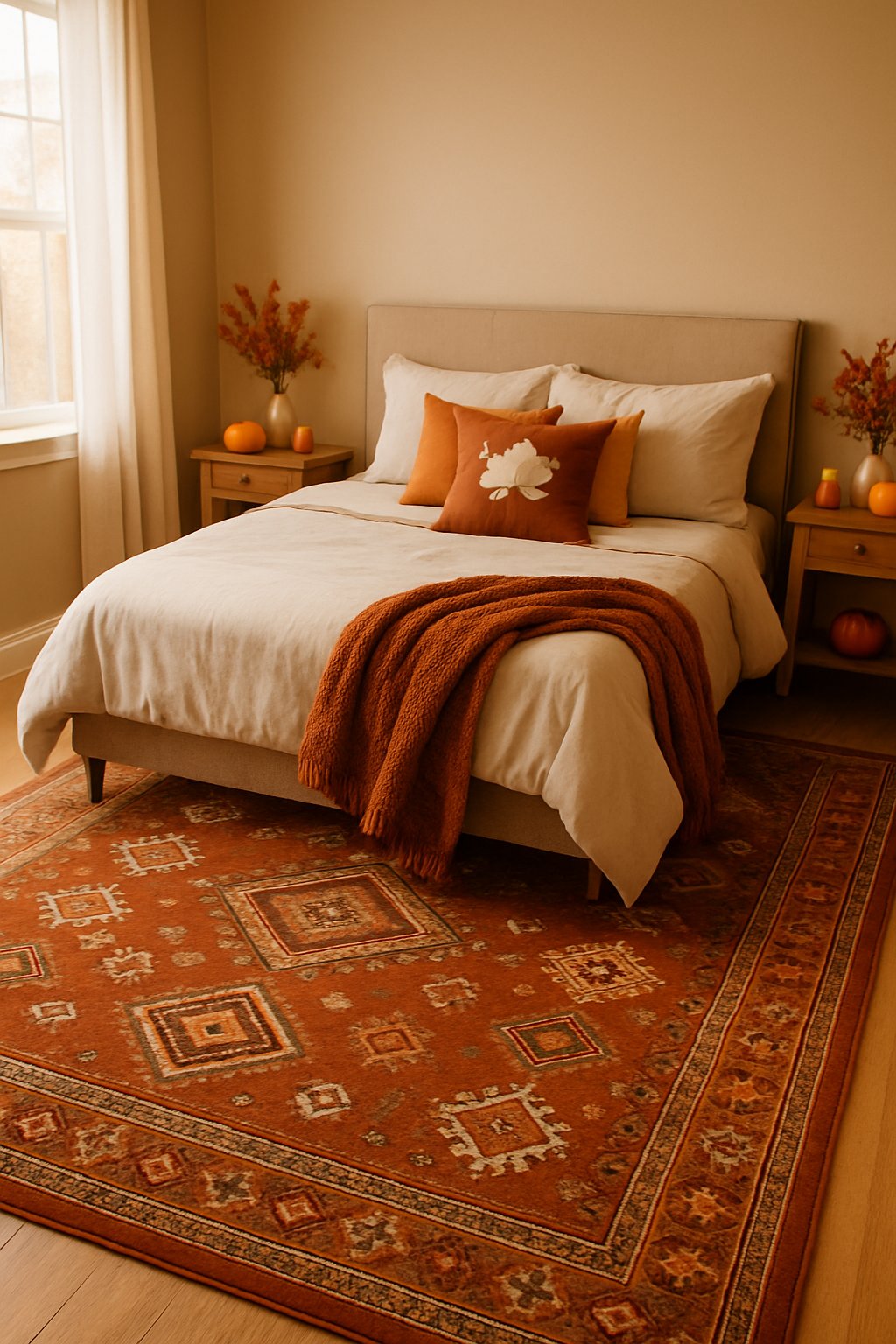 Rust-colored geometric patterned rug