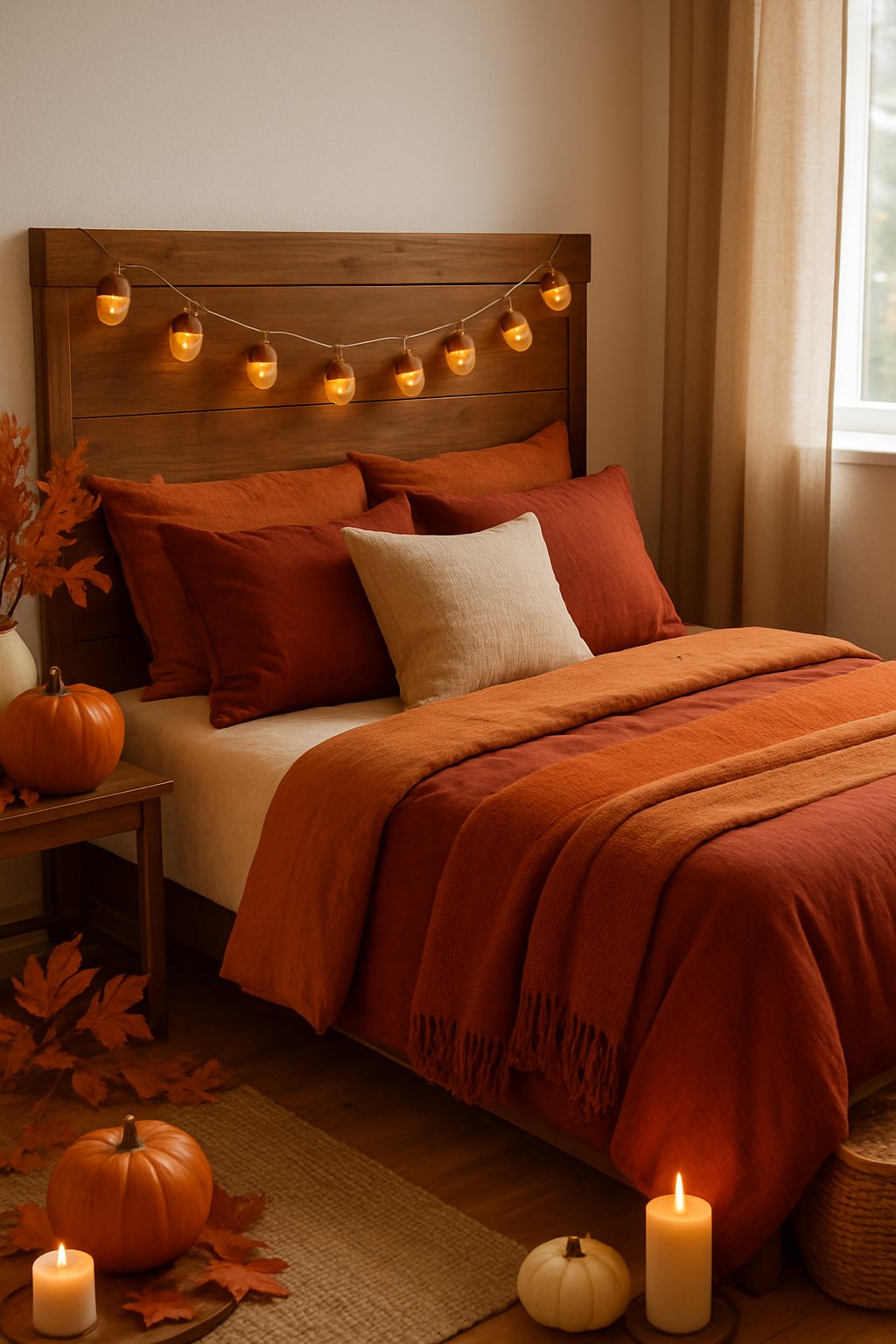 Acorn-shaped string lights on headboard