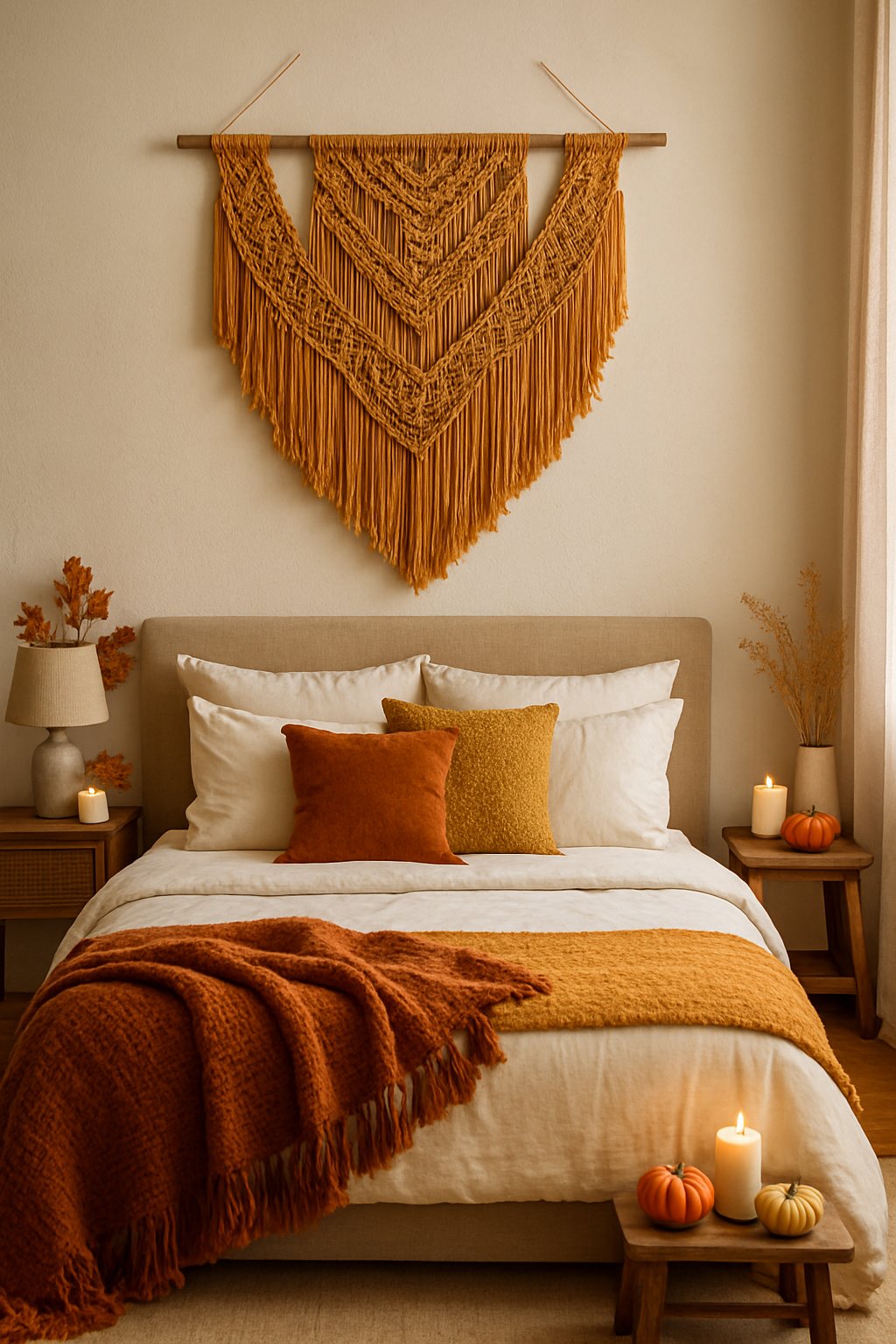 Mustard-colored macramé wall hanging