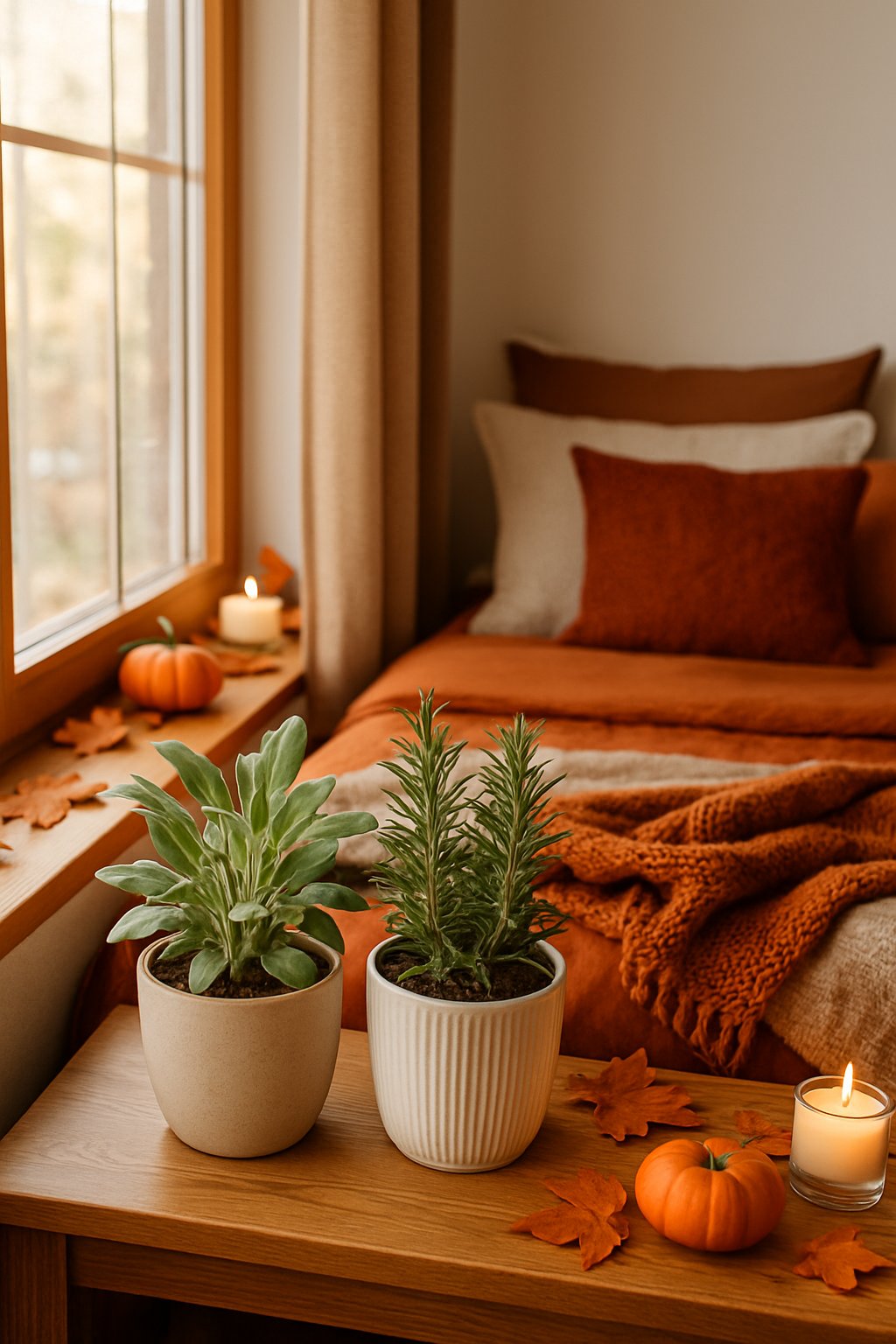 Indoor herb garden with sage and rosemary