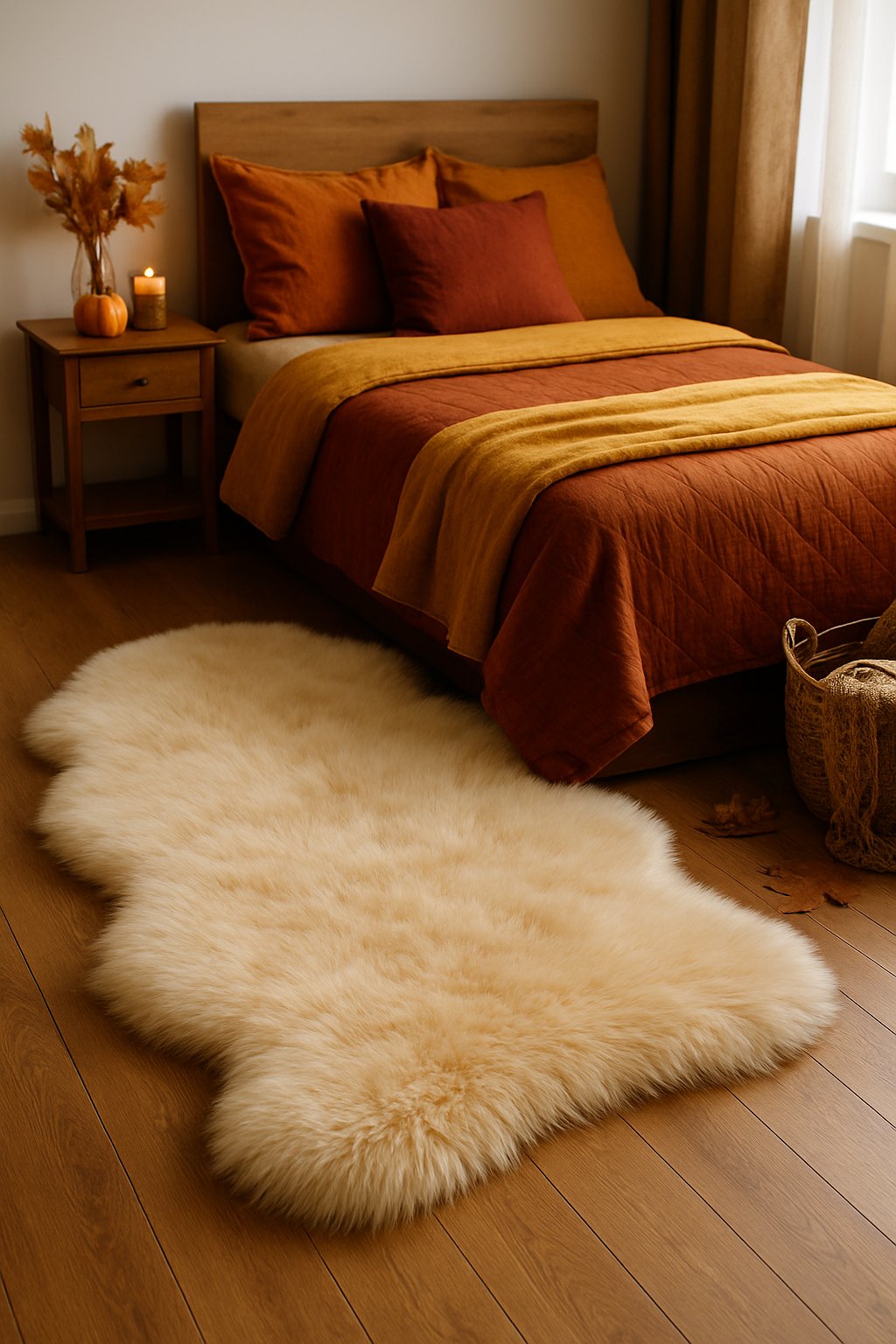 Faux fur rug at foot of bed