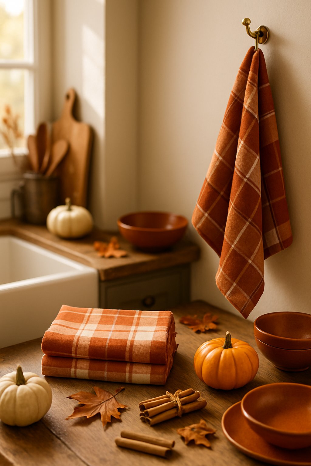 A kitchen countertop with burnt orange plaid towels surrounded by fall decorations including pumpkins and dried leaves.