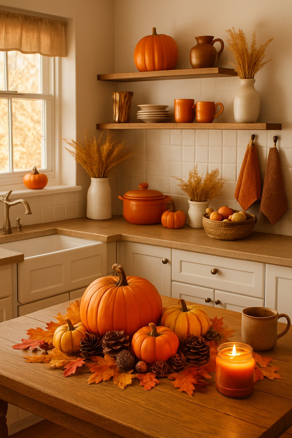 A kitchen countertop with lit pumpkin-scented soy candles surrounded by pumpkins, autumn leaves, and fall decorations.