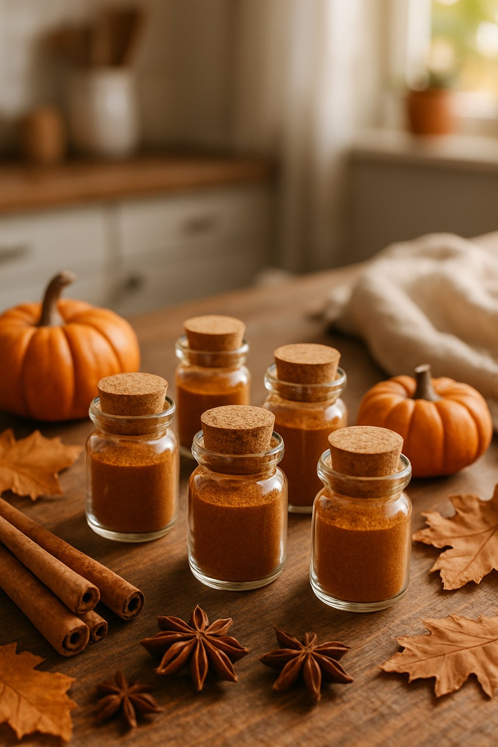 Miniature pumpkin spice jars arranged on a wooden kitchen counter with small pumpkins, cinnamon sticks, and autumn leaves.