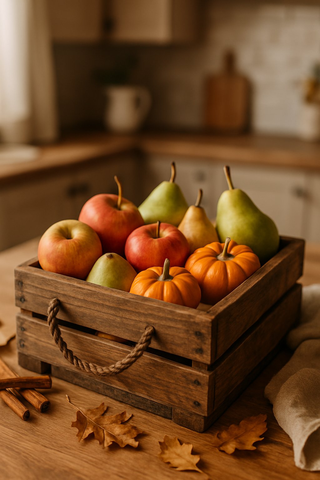 A rustic wooden crate filled with fall fruits on a kitchen countertop surrounded by autumn decor.
