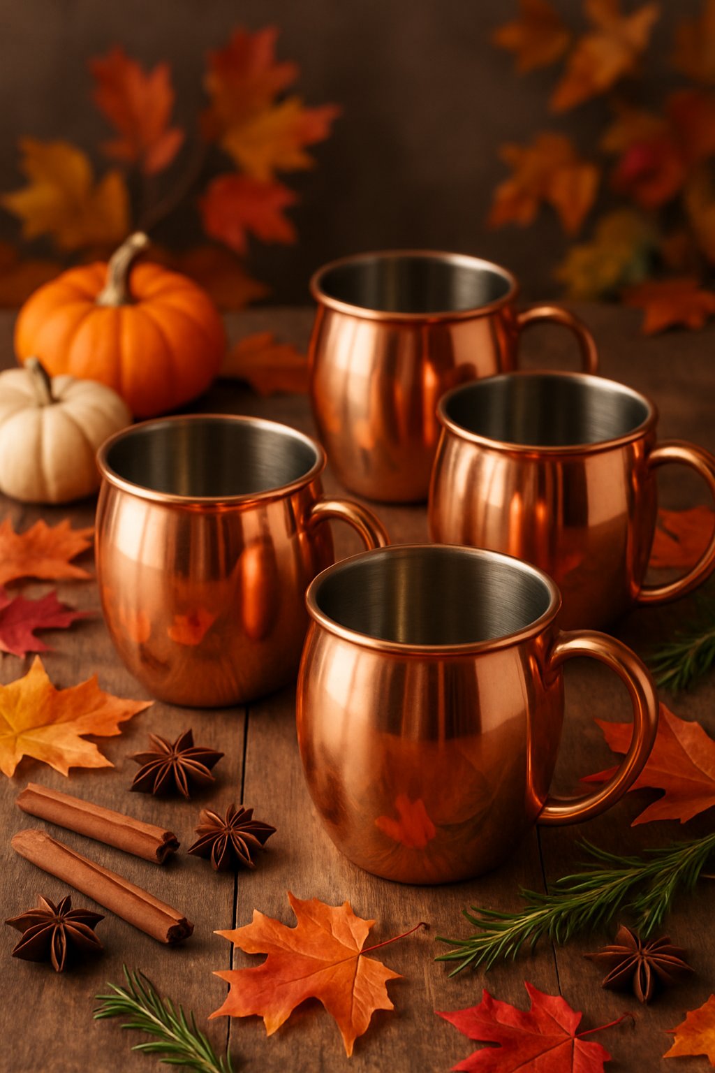 Copper mugs arranged on a wooden table with autumn leaves, pumpkins, and spices for fall cocktails.