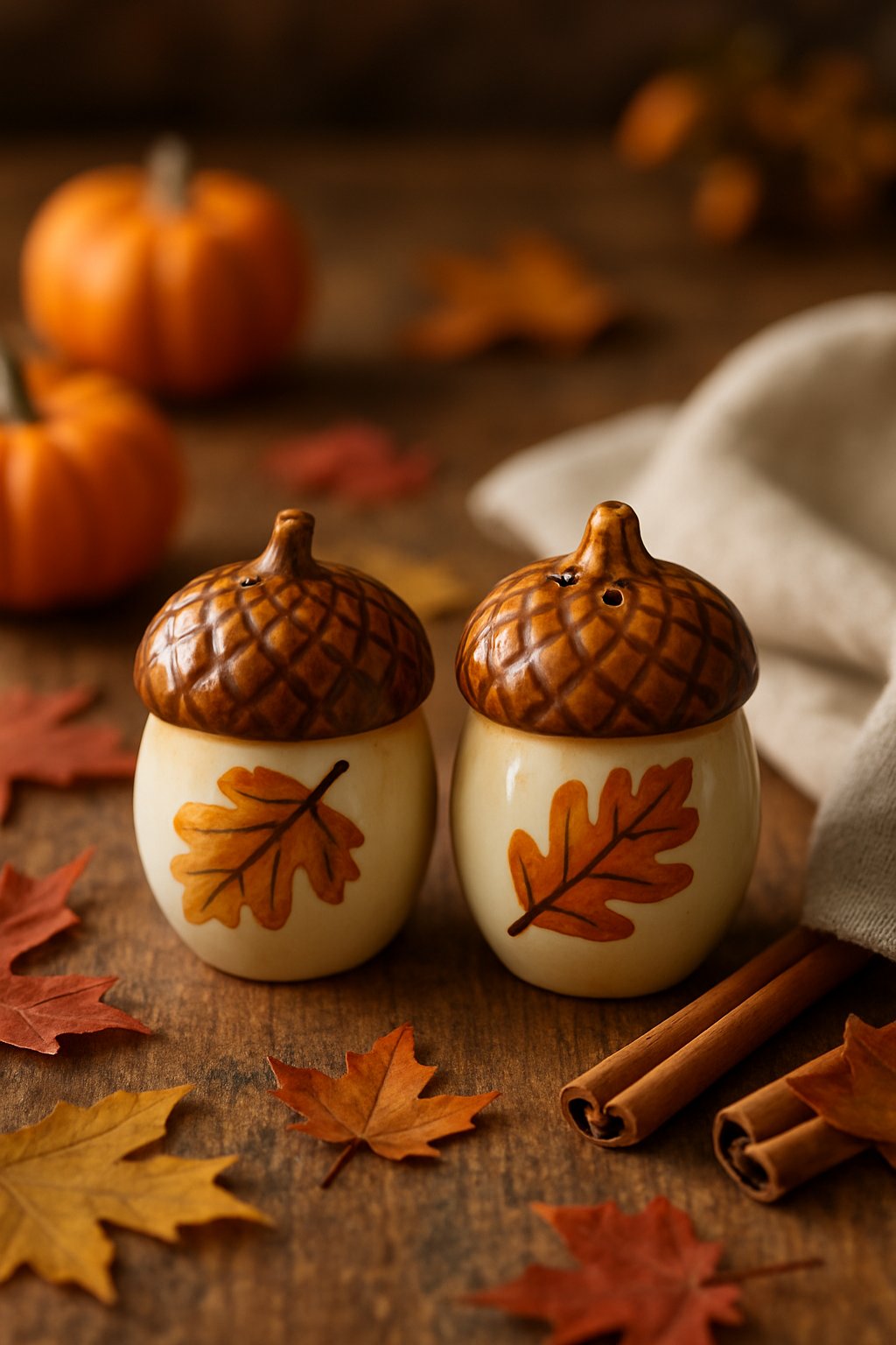 A pair of hand-painted acorn salt and pepper shakers on a wooden table surrounded by fall kitchen decor including small pumpkins and autumn leaves.