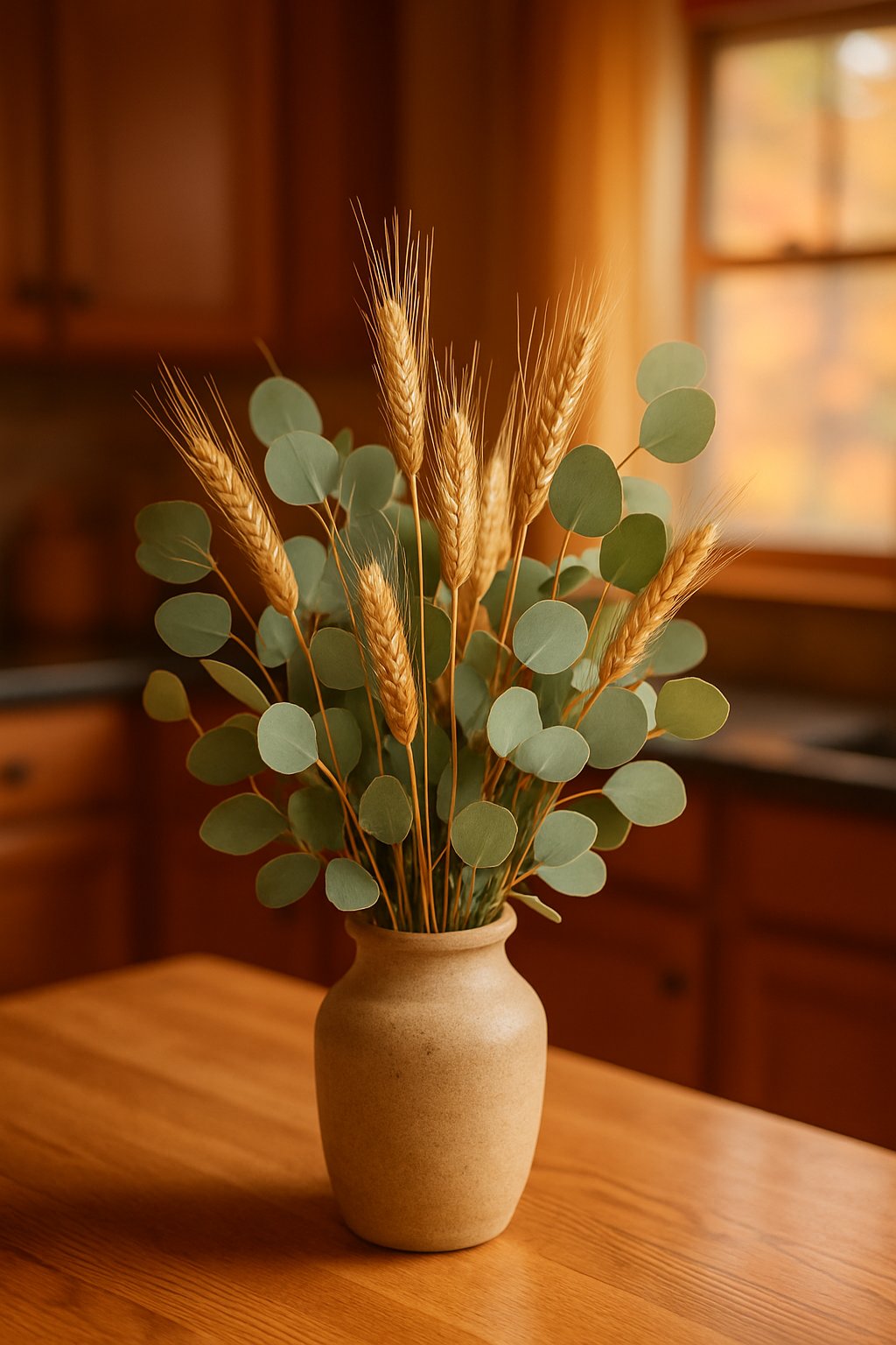 A dried wheat and eucalyptus bouquet in a vase on a wooden kitchen countertop with warm autumn lighting.