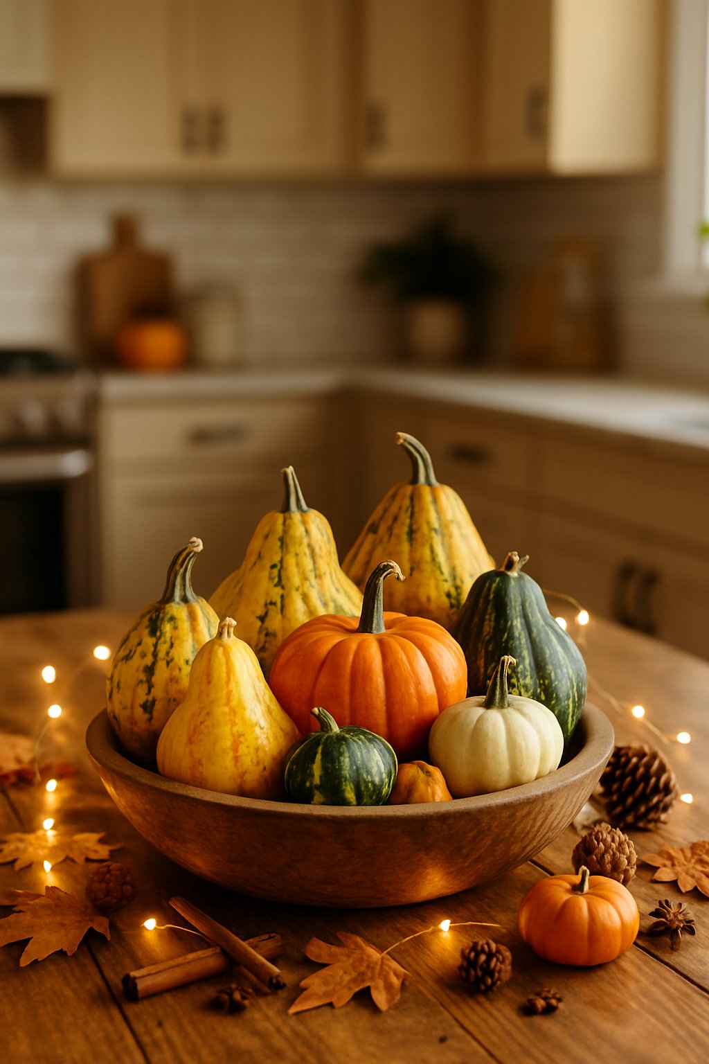 A kitchen table with a centerpiece of assorted gourds and glowing fairy lights surrounded by fall decorations.