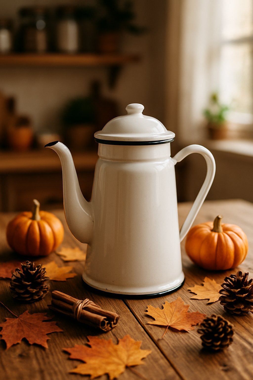 A vintage enamelware coffee pot on a wooden kitchen table surrounded by pumpkins, autumn leaves, and fall decorations.